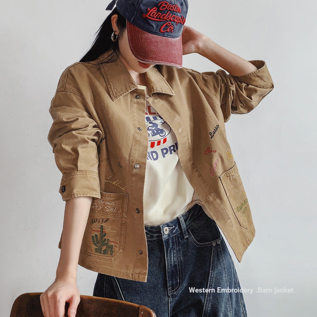 Madden Khaki Bane Style Retro Tooling Barn Jacket Lapel Pure Cotton Distressed Jacket Top Ladies Spr
