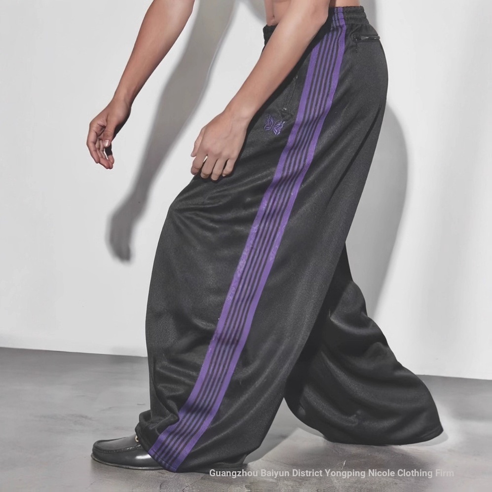 0AEP NEEDLES HD ขากว้างกางเกงสีดําสีม่วงรุ่นกว้างผีเสื้อกางเกงยืนปกเสื้อกีฬาอินเทรนด์