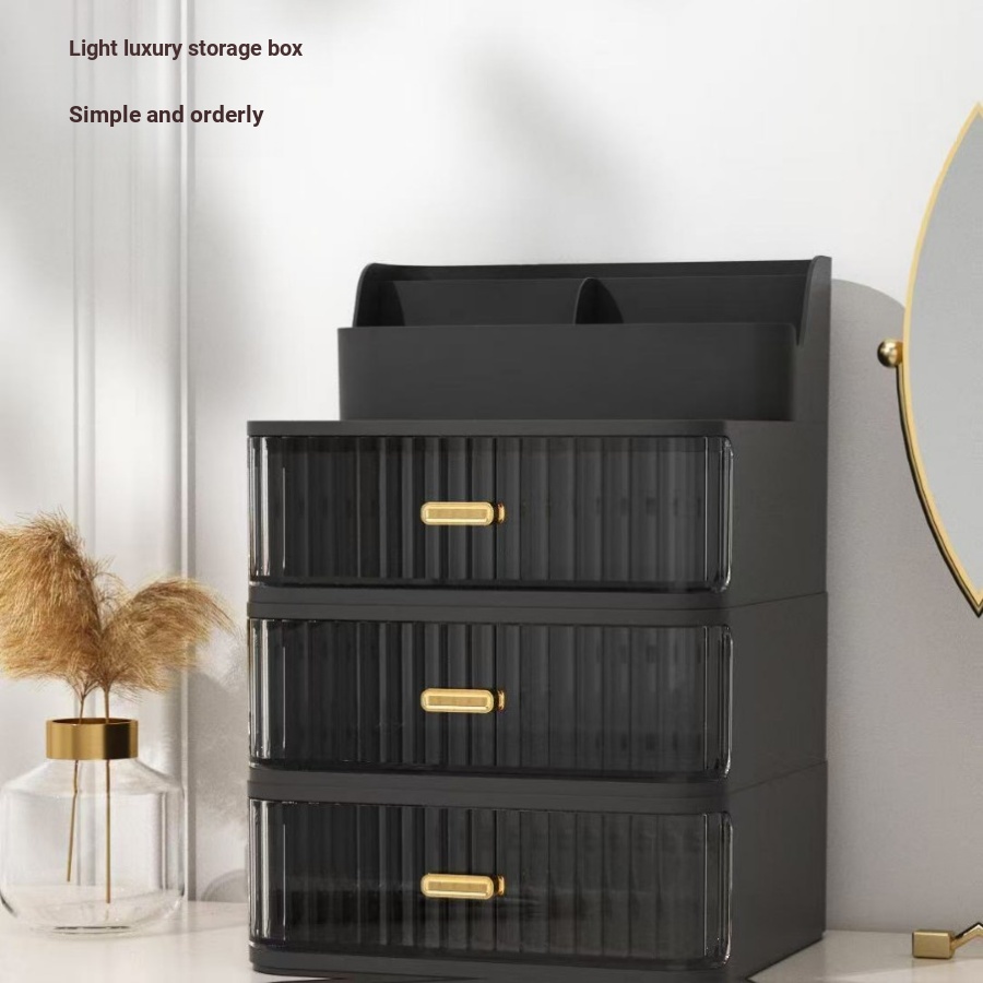 ง1114 สีดําแสงหรูหรากล่องเก็บเครื่องสําอางลิ้นชักสไตล์โต๊ะเครื่องแป้งป้องกันฝุ่นดูแลผิวชั้นวางสินค้า