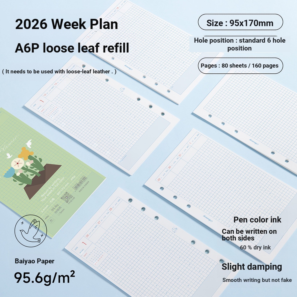 2026 WEEKLY Plan A6per หลวมใบเปลี่ยนกระดาษแกนด้านใน 95.6g กระดาษ Baiyao พับแผนรายเดือน Timeline WEEK
