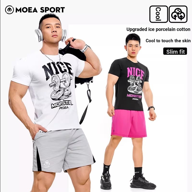 MOEA SPORT|Ink Cube Street Wear Cool Fitness แขนสั้นผู้ชายฤดูร้อน Ice Porcelain ผ้าฝ้ายด้านหน้าไหล่แสดง Body กีฬาการฝึกอบรม