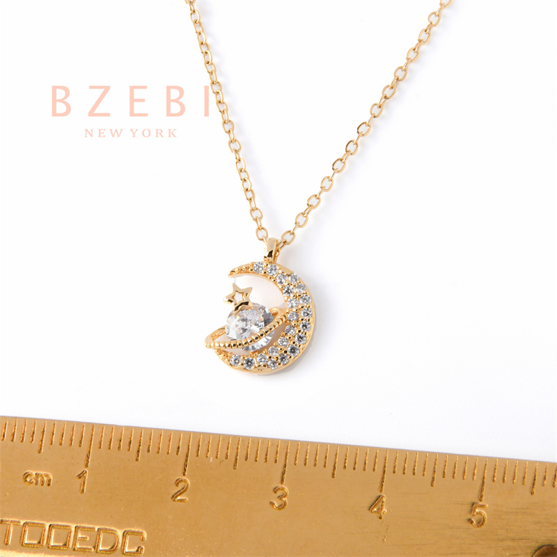 BZEBI สร้อยคอแฟชั่น ผู้หญิง เพชร สแตนเลส ทองคำ necklace 18K ดวงจันทร์ ดาวเคราะห์น้อย จี้กาแล็กซี่ เครื่องประดับ 18k ทอง ไม่ลอกไม่ดํา 1099n