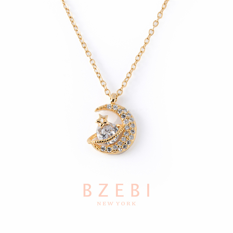 BZEBI สร้อยคอแฟชั่น ผู้หญิง เพชร สแตนเลส ทองคำ necklace 18K ดวงจันทร์ ดาวเคราะห์น้อย จี้กาแล็กซี่ เครื่องประดับ 18k ทอง ไม่ลอกไม่ดํา 1099n