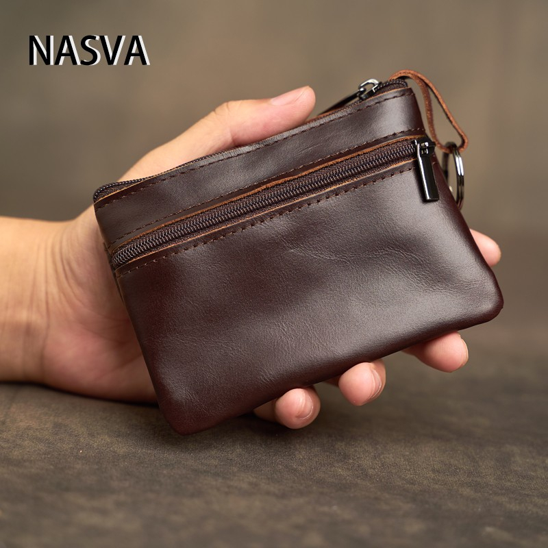 Nasva กระเป๋าใส่เหรียญ หนังวัว ชั้นแรก สไตล์ย้อนยุค ที่ใส่บัตร เคสกุญแจ ขนาดเล็ก พร้อมช่องใส่บัตร กระเป๋าถือ สีพื้น กระเป๋าสตางค์ หลวม
