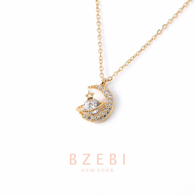 BZEBI สร้อยคอแฟชั่น ผู้หญิง เพชร สแตนเลส ทองคำ necklace 18K ดวงจันทร์ ดาวเคราะห์น้อย จี้กาแล็กซี่ เครื่องประดับ 18k ทอง ไม่ลอกไม่ดํา 1099n