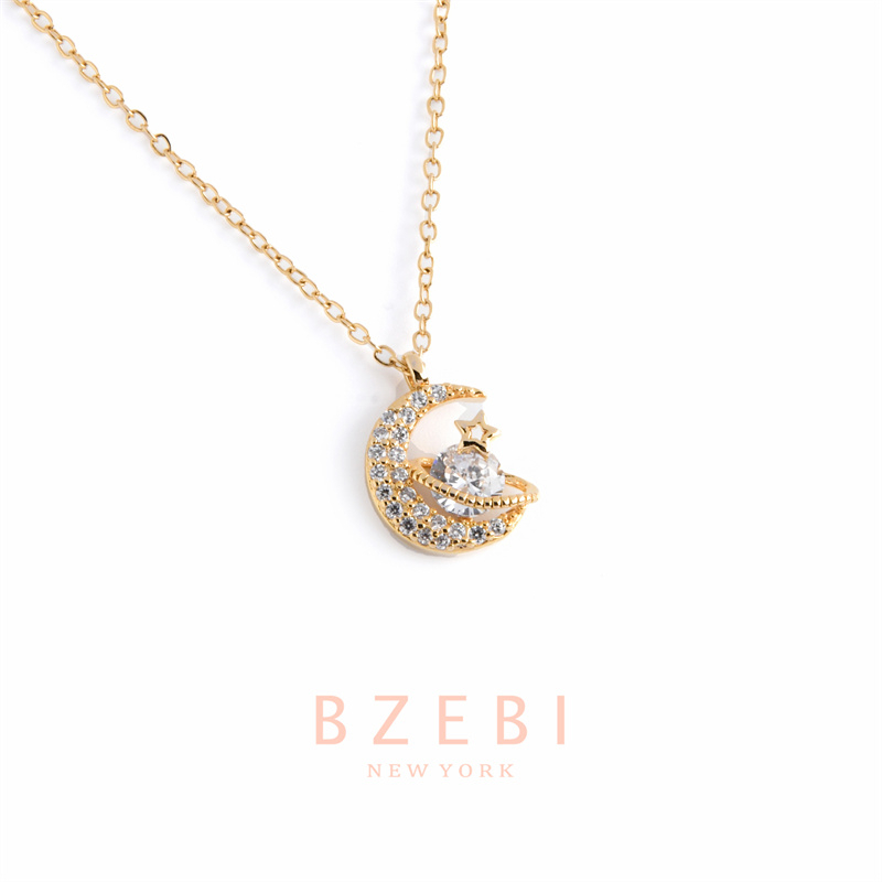 BZEBI สร้อยคอแฟชั่น ผู้หญิง เพชร สแตนเลส ทองคำ necklace 18K ดวงจันทร์ ดาวเคราะห์น้อย จี้กาแล็กซี่ เครื่องประดับ 18k ทอง ไม่ลอกไม่ดํา 1099n