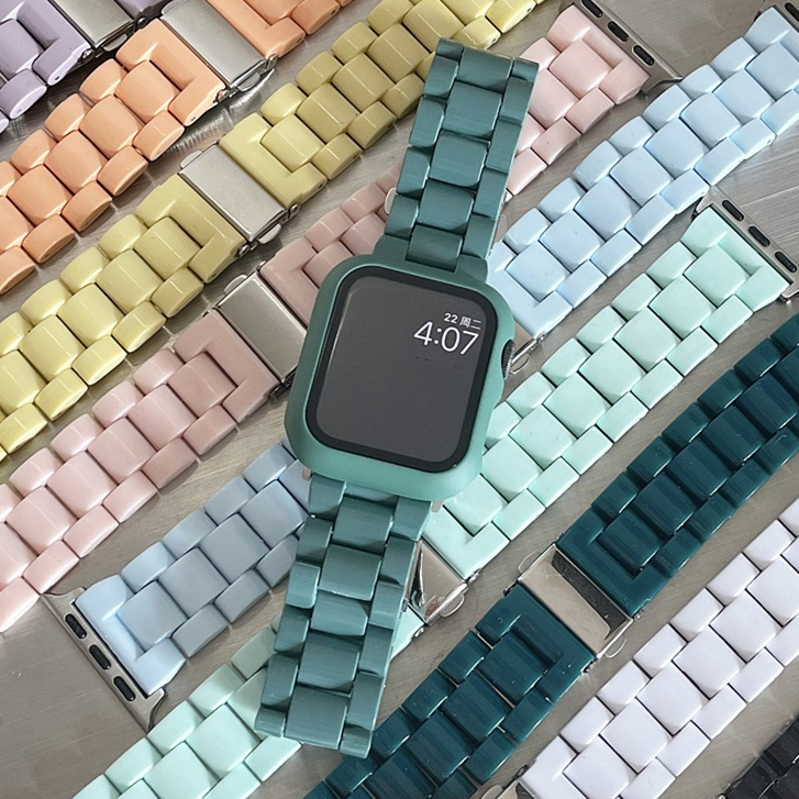 สายนาฬิกาข้อมือพลาสติก พร้อมเคส แบบเปลี่ยน สีแคนดี้ สําหรับ Watch series 9 8 7 6 5 4 3 2 1 se se 2 Ultra 38 มม. 40 มม. 41 มม. 42 มม. 44 มม. 45 มม. สาย i watch Strap