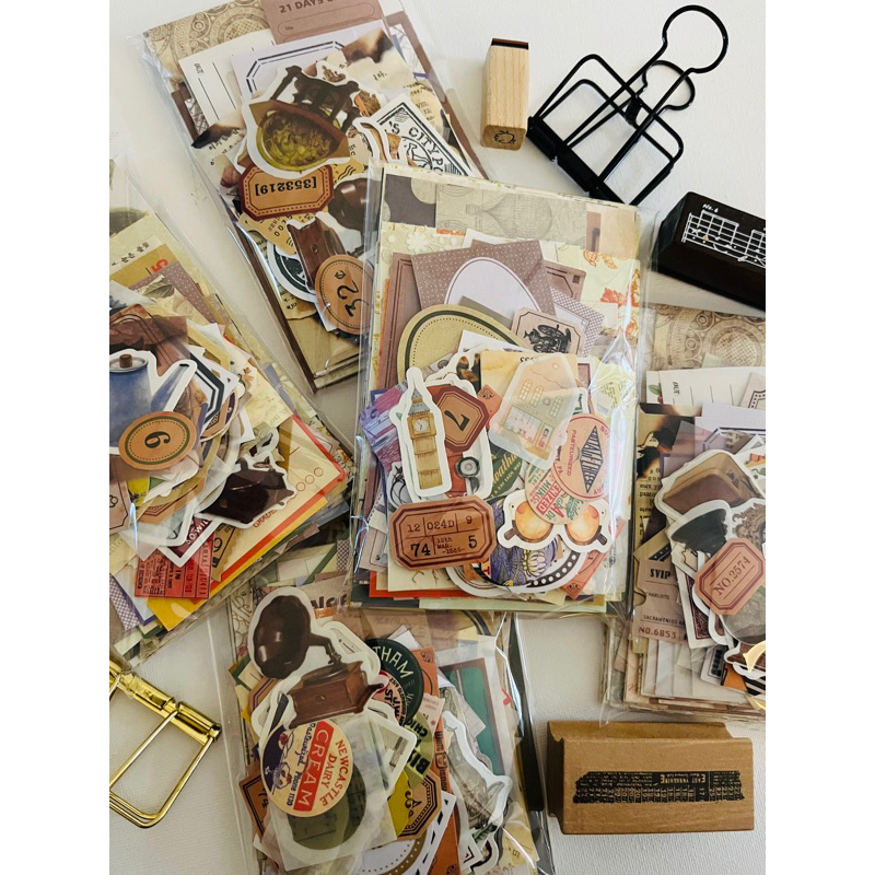 138 ชิ้น MINI GRAB BAG วารสารสมุดภาพ Junk Journal สมุดภาพกระดาษ Cardstock แท็กสติกเกอร์ Vintage Jour