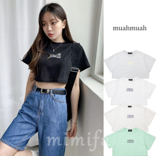 [muahmuah] เสื้อยืดครอป พิมพ์ลายกราฟฟิคดอกไม้ Muir