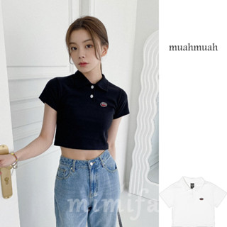 [muahmuah] เสื้อยืดครอป คอปกวาฟเฟิน