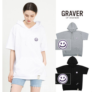 [GRAVER] &lt;UNISEX&gt; เสื้อยืดแขนสั้น มีฮู้ด ปักลายหน้ายิ้ม สีม่วง