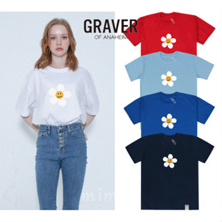 [GRAVER] &lt;UNISEX&gt; เสื้อยืดแขนสั้น พิมพ์ลายจุด ดอกไม้ ขนาดใหญ่ สีขาว