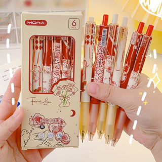 6 ชิ้น 0.5 มม. INS Rose Series ปากกายืดไสลด์นักเรียนแบบพกพาหมึกสีดำ ST Nib เจลปากกา