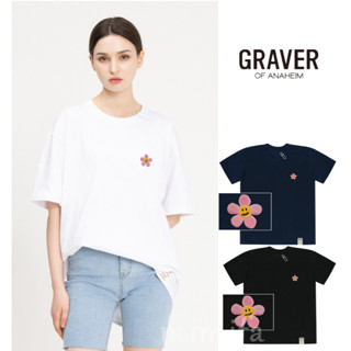 [GRAVER] &lt;UNISEX&gt; เสื้อยืดแขนสั้น ปักลายดอกไม้ สีชมพู สีขาว