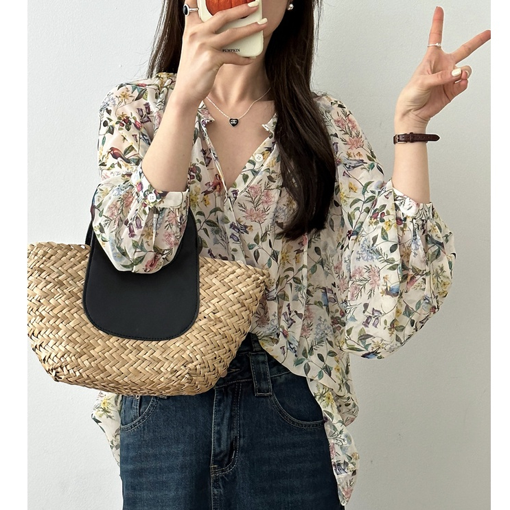 เสื้อแขนยาว ผ้าชีฟอง ลายดอกไม้ ทรงหลวม สไตล์เกาหลี สําหรับผู้หญิง - รูปที่ 5