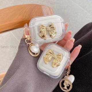 เคสหูฟังบลูทูธไร้สาย TPU นิ่ม แบบใส ประดับโบว์ สีทอง เรียบง่าย สําหรับ AirPods 1 2 3 Pro Pro 2 AirPods 3 AirPods 2 Gen