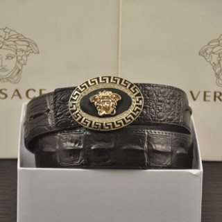 Versace เข็มขัดลําลอง ประดับเพชร ทรงวงรี ลายก้างปลา สไตล์ธุรกิจ สําหรับผู้ชาย