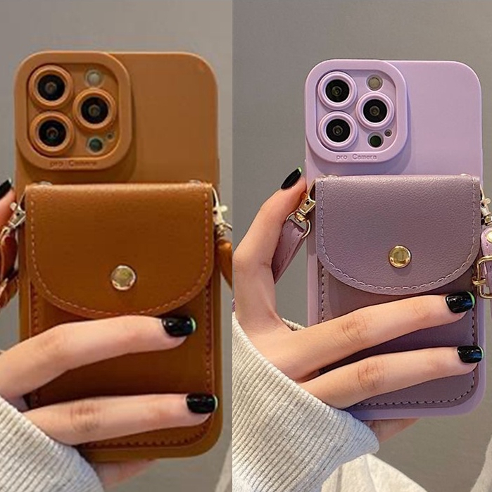 ยอดนิยมIns 3Dสีม่วงสีน้ําตาลสีดํากระเป๋าบัตรSoft TPUเคสโทรศัพท์สายยาวสําหรับIphone 17 16 15pro 15promax 14 Pro Max 13 12 Pro Max 11 Pro Max xs Max xr X 7 8 plus