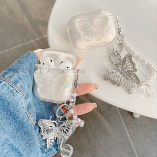 เคสหูฟังบลูทูธ TPU นิ่ม แบบใส ลายผีเสื้อ พร้อมสายโซ่คล้อง สําหรับ Airpods Pro 2 1 2 3 Pro2