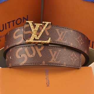 Louis Vuitton LV SUP เข็มขัดหนังลําลอง พิมพ์ลายทาง หัวเข็มขัดโลหะ สีดํา ทอง เงิน สําหรับผู้ชาย และผู้หญิง