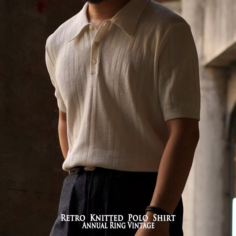 ฤดูร้อนผ้าไหมน้ําแข็งถักเสื้อโปโลผู้ชายครึ่งแขน M-3XL อเมริกันย้อนยุคปกครึ่งแขนขนสัตว์ Close-Dot Hollow Casual แฟชั่นครึ่งแขนด้านบน