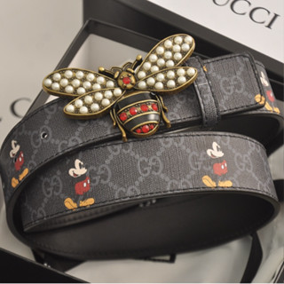 Gucci เข็มขัดหนัง ลายมิกกี้เมาส์ ผึ้ง ประดับเพชร สไตล์วินเทจ สําหรับผู้ชาย และผู้หญิง