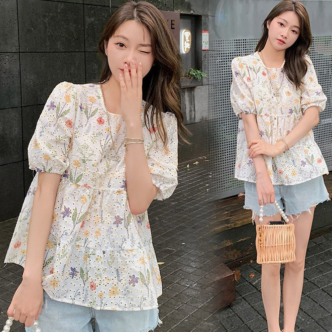 เสื้อเชิ้ตแขนสั้น ผ้าฝ้าย ปักลายดอกไม้ ทรงหลวม สไตล์เกาหลี สําหรับผู้หญิง พร้อมส่ง