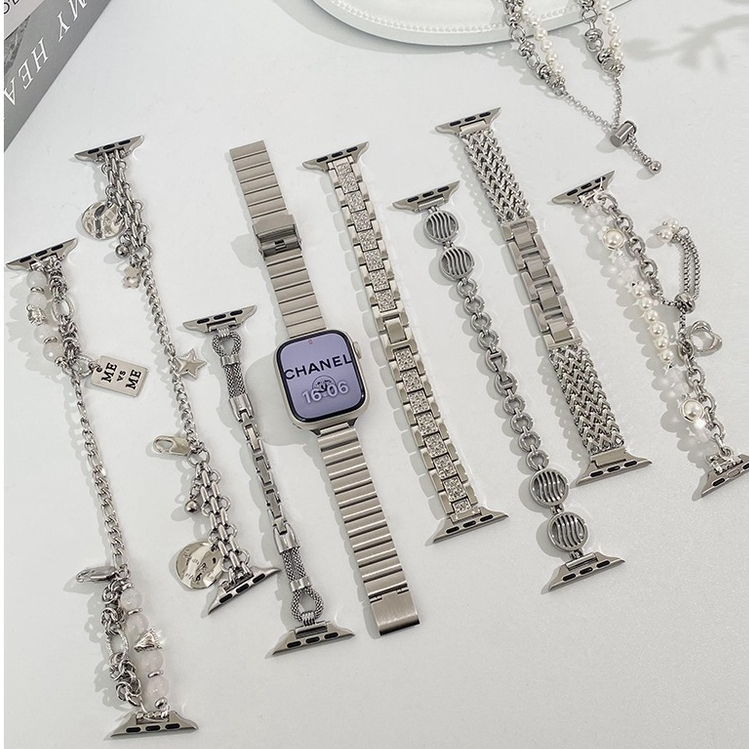 สายนาฬิกาข้อมือ พลาสติก ประดับมุก สีเงิน แบบเปลี่ยน สําหรับ iWatch Series 10 9 8 7 6 5 4 3 2 1 SE SE2 Ultra 41 มม. 45 มม. 38 มม. 40 มม. 42 มม. 44 มม. 49 มม. สาย i watch Strap
