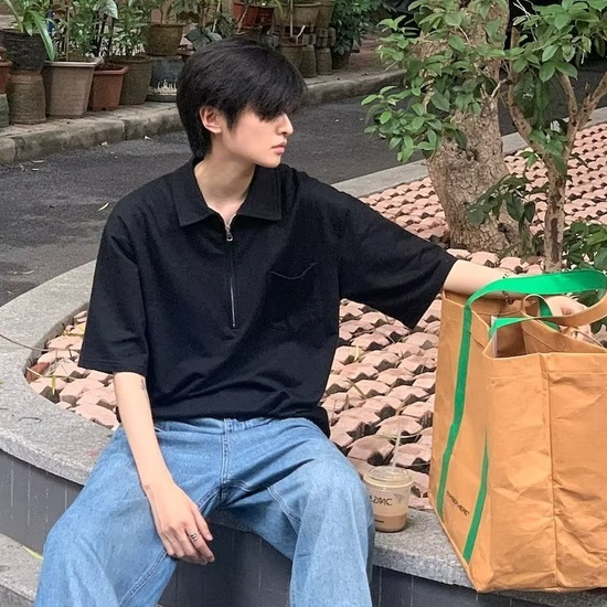 เกาหลีถนนสวมครึ่งซิปโปโลเสื้อผู้ชายฤดูร้อนปกเสื้อยืด