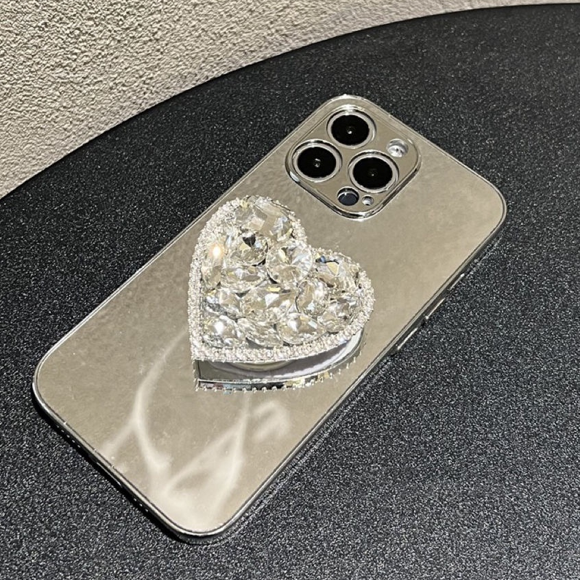 ยอดนิยมIns 3DกระจกเงินBig love heart holder soft TPUเคสโทรศัพท์สําหรับIphone 17 16 15promax 15pro 14