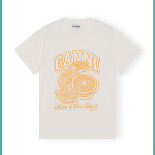 【สินค้าใหม่ ฤดูใบไม้ผลิ และฤดูร้อน】Ganni เสื้อยืดแขนสั้น พิมพ์ลายผลไม้ สีส้ม สําหรับผู้หญิง