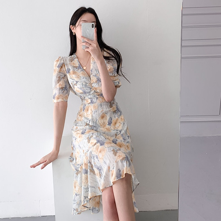 Suxi ชุดเดรส ทรงเอ คอวี ผ้าชีฟอง เข้ารูป สไตล์เกาหลีวินเทจ สําหรับผู้หญิง