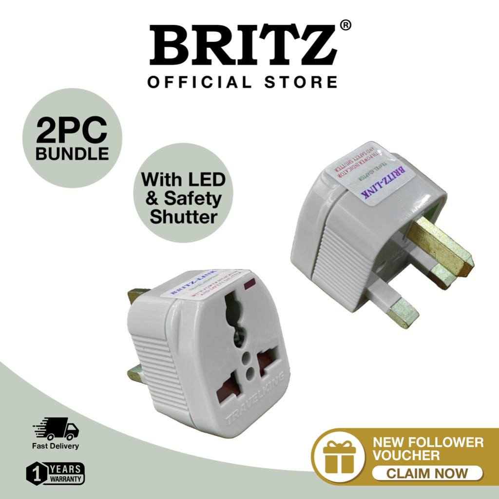 Britz Universal to UK 3 Pin Travel Adapter พร้อมไฟแสดงสถานะ LED และชัตเตอร์นิรภัย (ทองแดงบริสุทธิ์ 1