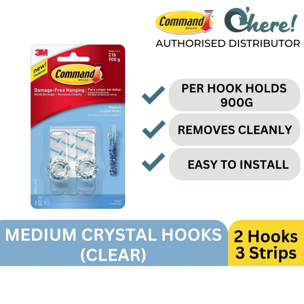 3M Command ตะขอคริสตัลขนาดกลางใส 2 ตะขอ / 3 แถบ / 900G