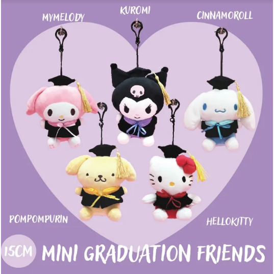 Sanrio ของแท้ พวงกุญแจตุ๊กตา Kuromi Cinnamoroll Pompom Purin Hello Kitty My Melody Graduation ขนาด 15 ซม.