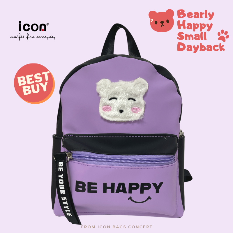 ICON Girl Small PU Backpack ออกแบบด้วยโลโก้แพทช์หมีขนยาว 3 D ในสี Violet+Black ที่น่ารักสําหรับกระเป