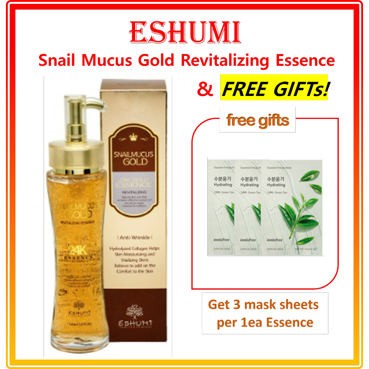 Eshumi Snail Mucus Gold Revitalizing Essence 【ของแถมฟรี #10,#8 】เซรั่มเมล็ด Innisfree 15 มล. &amp; Retinol Ampoule 7 มล. / Eshumi Snail Mucus Gold Revitalizing Essence