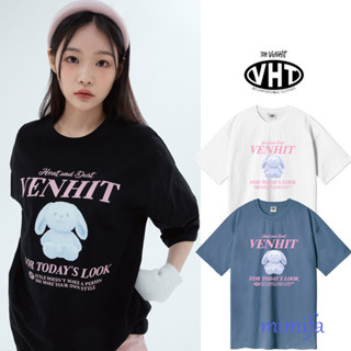 Venhit เสื้อยืดแขนสั้น ลายกระต่าย สีฟ้า โอเวอร์ไซซ์