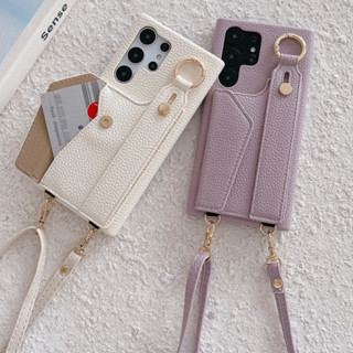 S23 เคสโทรศัพท์มือถือแบบแข็ง พร้อมสายคล้องยาว และช่องใส่บัตร สีพื้น หรูหรา สําหรับ Samsung Galaxy S23 Ultra S22 Plus A53 A54 5G