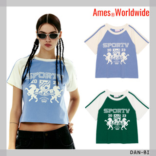 [AMES-WORLDWIDE] เสื้อยืด ลายโลโก้ CROP RAGLAN 2 สี ฟรีเสื้อแขนสั้น สินค้าเกาหลี ของแท้ 100%