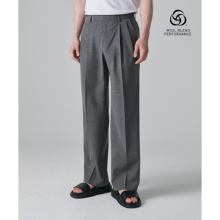 [MUSINSA Standard] SUMMER WOOL TWO TUCK WIDE HIDDEN BANDING SLACKS สีเทากลาง