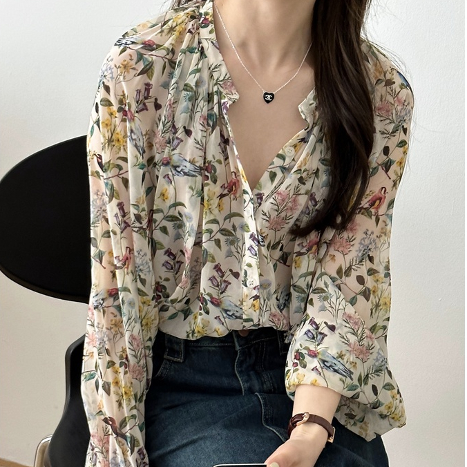 เสื้อแขนยาว ผ้าชีฟอง ลายดอกไม้ ทรงหลวม สไตล์เกาหลี สําหรับผู้หญิง - รูปที่ 4