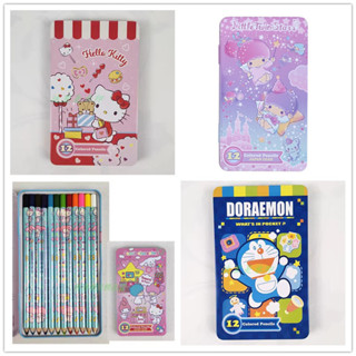 Sanrio Kitty Twin Star Doraemon 12 Colored Pencils Drawing w/ Metal Box 7863