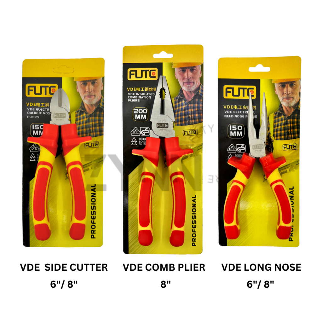 FUTE VDE เครื่องตัดด้านข้าง/LONG NOSE PLIER/COMB PLIER ไฟฟ้าเฉียงฉนวนทนทาน Crimping Tool
