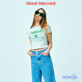 [Mardi Mercredi] เสื้อยืดครอป ลายดอกไม้ ของแท้ 100% แฟชั่นเกาหลี