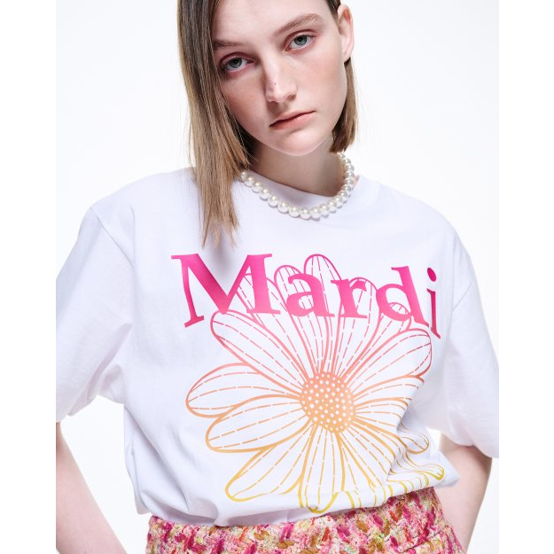 [MARDI Mercredi] เสื้อยืด พิมพ์ลายดอกไม้ สีชมพู สีขาว