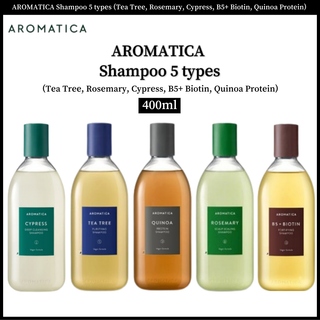 Aromatica แชมพู 5 ประเภท 400 มล. สูตรทีทรี เพียวริฟายอิ้ง โรสแมรี่สเกลลิ่ง ไซเปรส ทําความสะอาดล้ําลึก B5+ ไบโอติน ฟอร์ติฟิลติ้ง ควินัวโปรตีน