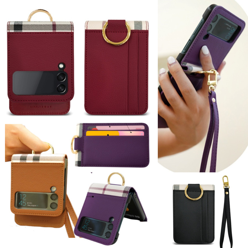 Korea Roar Leather GALAXY {Z FLIP6/Z FLIP5/Z FLIP4}เคสโทรศัพท์สายคล้องมือ Gold Ring Card Pocket { VERA }