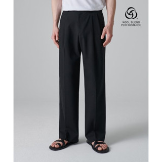 [MUSINSA Standard] SUMMER WOOL TWO TUCK WIDE HIDDEN BANDING SLACKS สีดํา