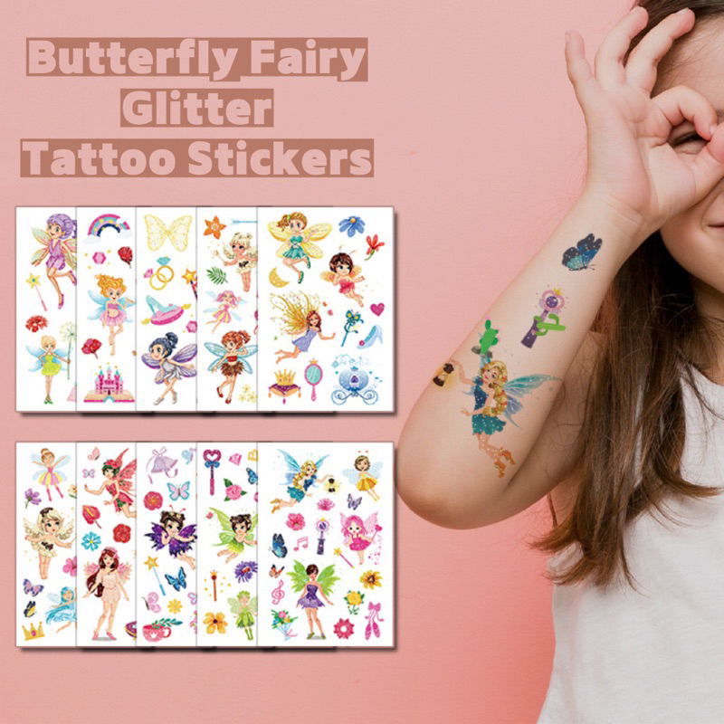 เอสจี|ซื้อ 3 แถม3 ฟรี |Glitter powder Princess WS-E032-041 สติ๊กเกอร์รอยสัก 120*76 มม.เด็ก DIY ตกแต่